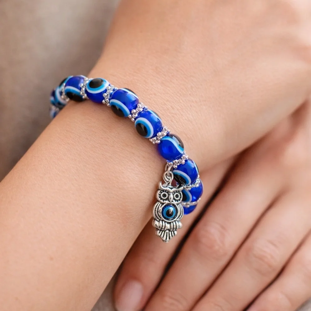 Evil Eye Beaded Stretch Bracelet with Silver-Tone Owl Charm